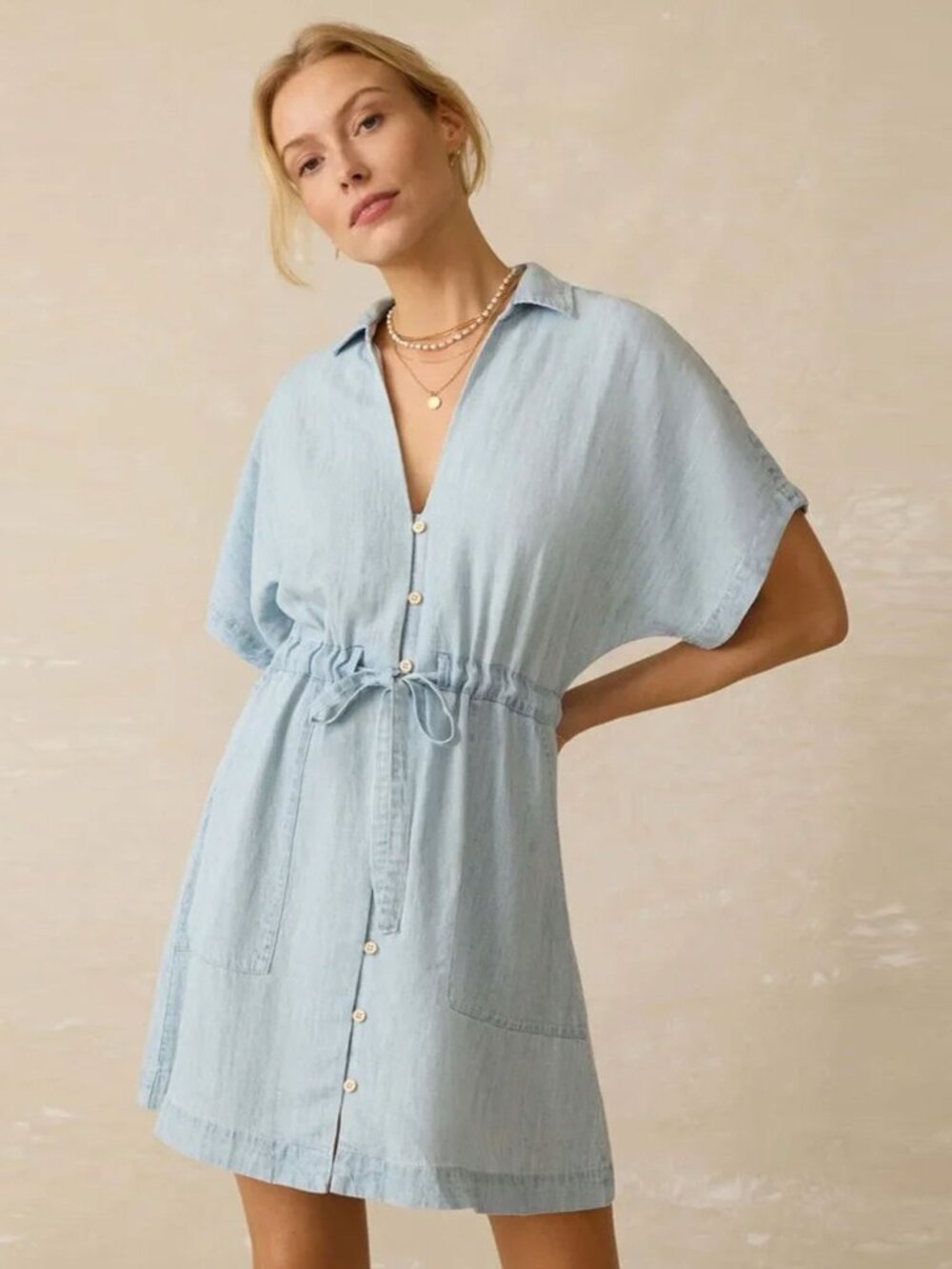 Faherty Tried & True Chambray Oakley Dress in Arctic Sea Wash Blue small